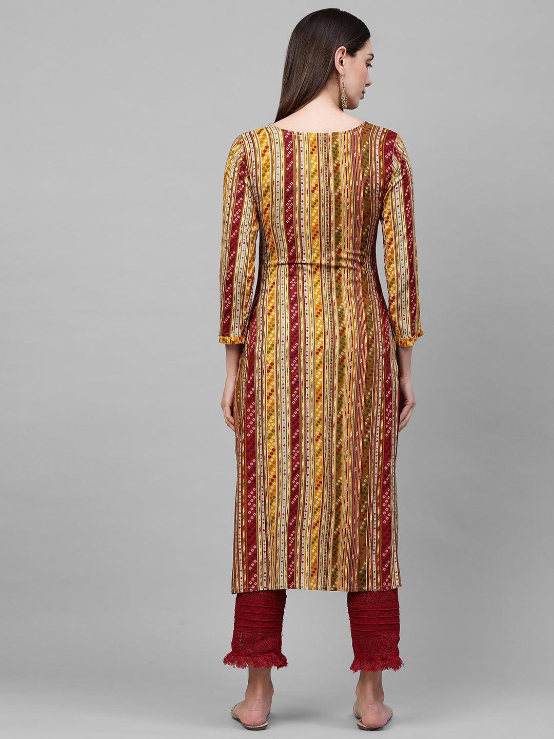 Dense Ethnic Printed & Hand Embellished Kurta - Multi - Indiakreations