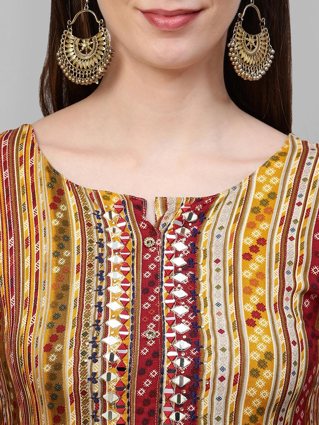 Dense Ethnic Printed & Hand Embellished Kurta - Multi - Indiakreations