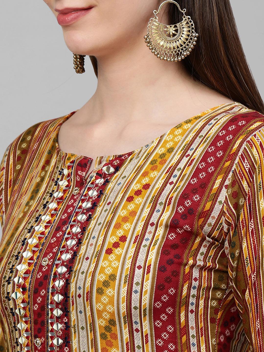 Dense Ethnic Printed & Hand Embellished Kurta - Multi - Indiakreations