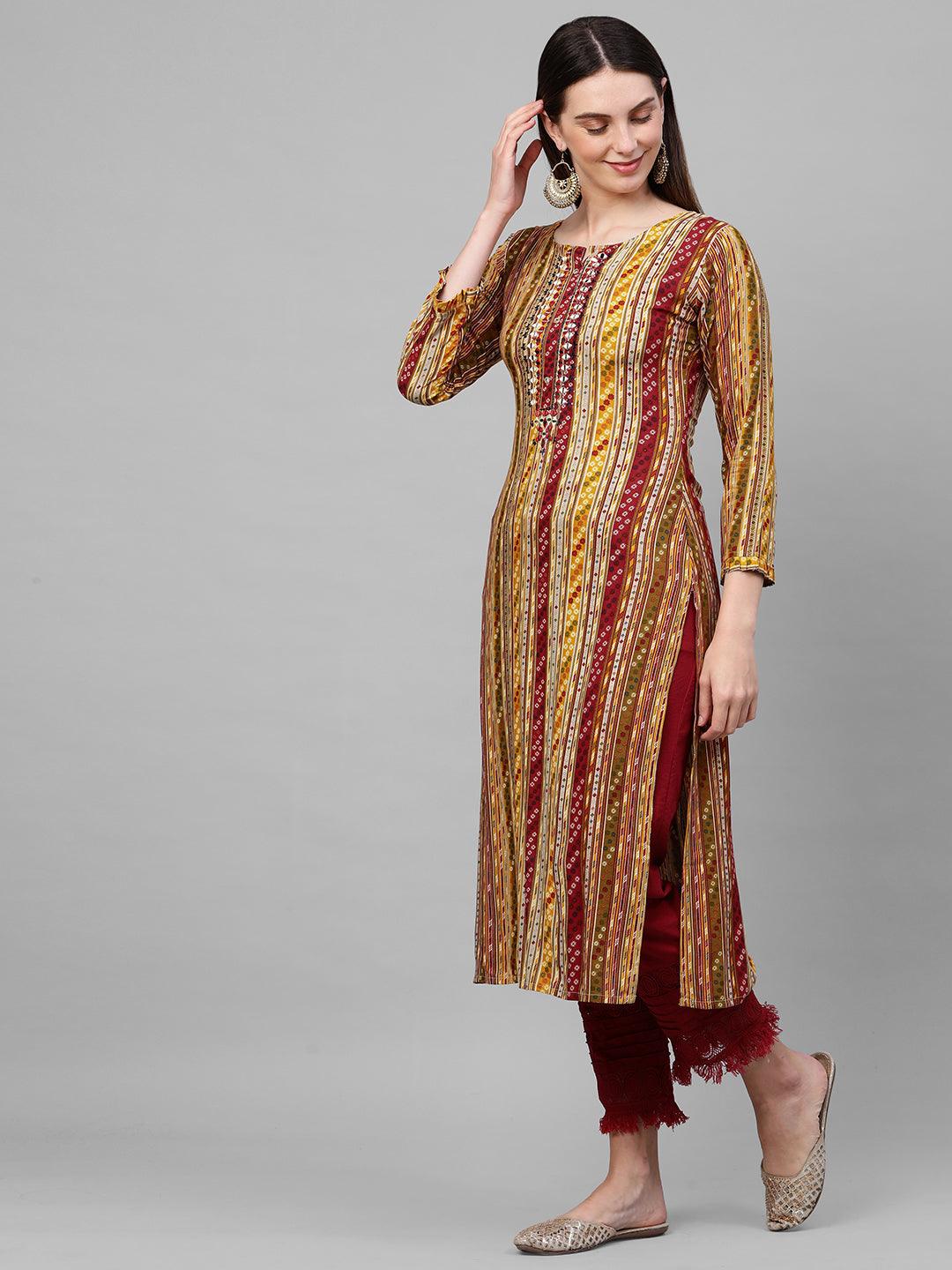 Dense Ethnic Printed & Hand Embellished Kurta - Multi - Indiakreations