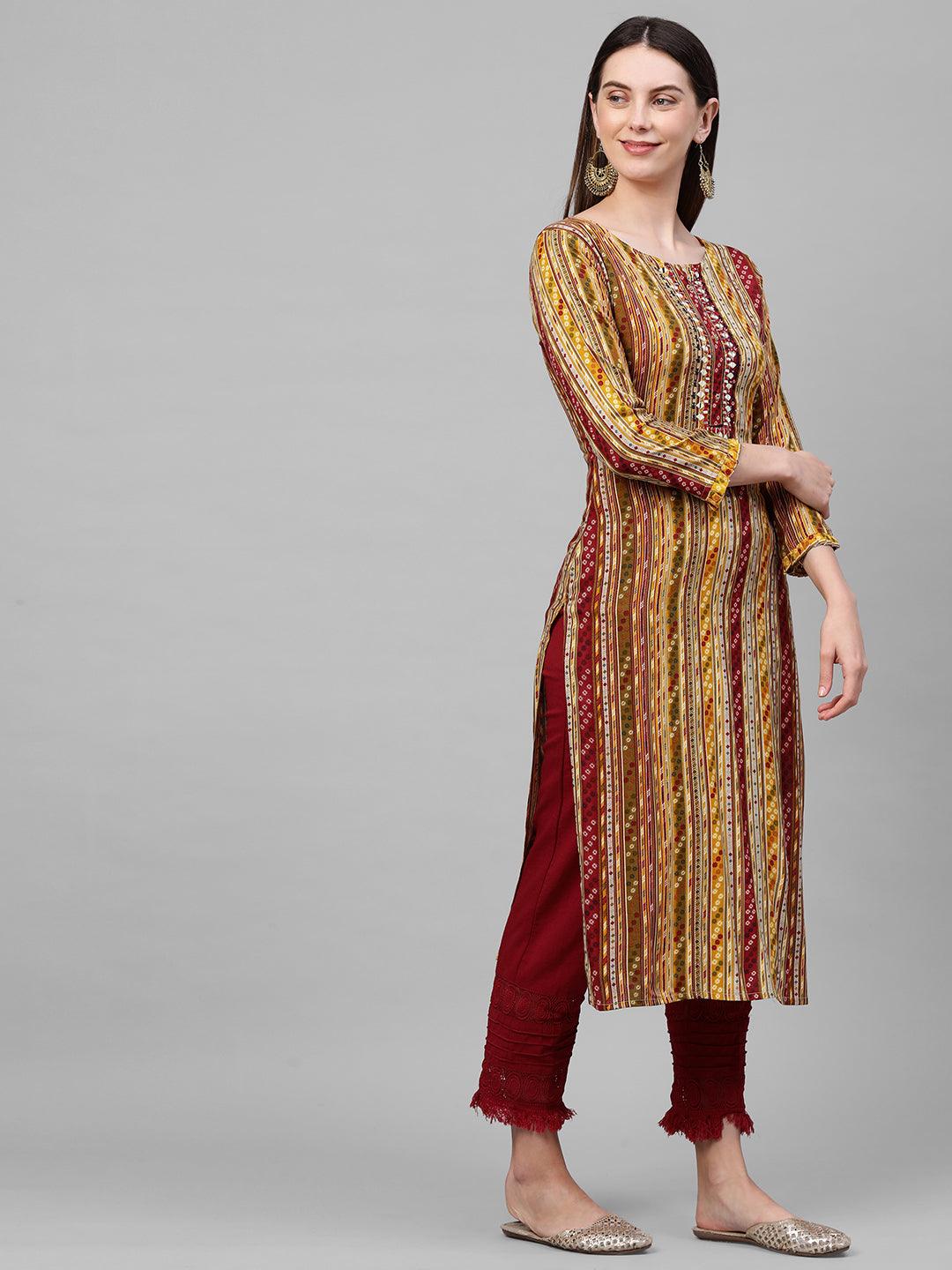 Dense Ethnic Printed & Hand Embellished Kurta - Multi - Indiakreations