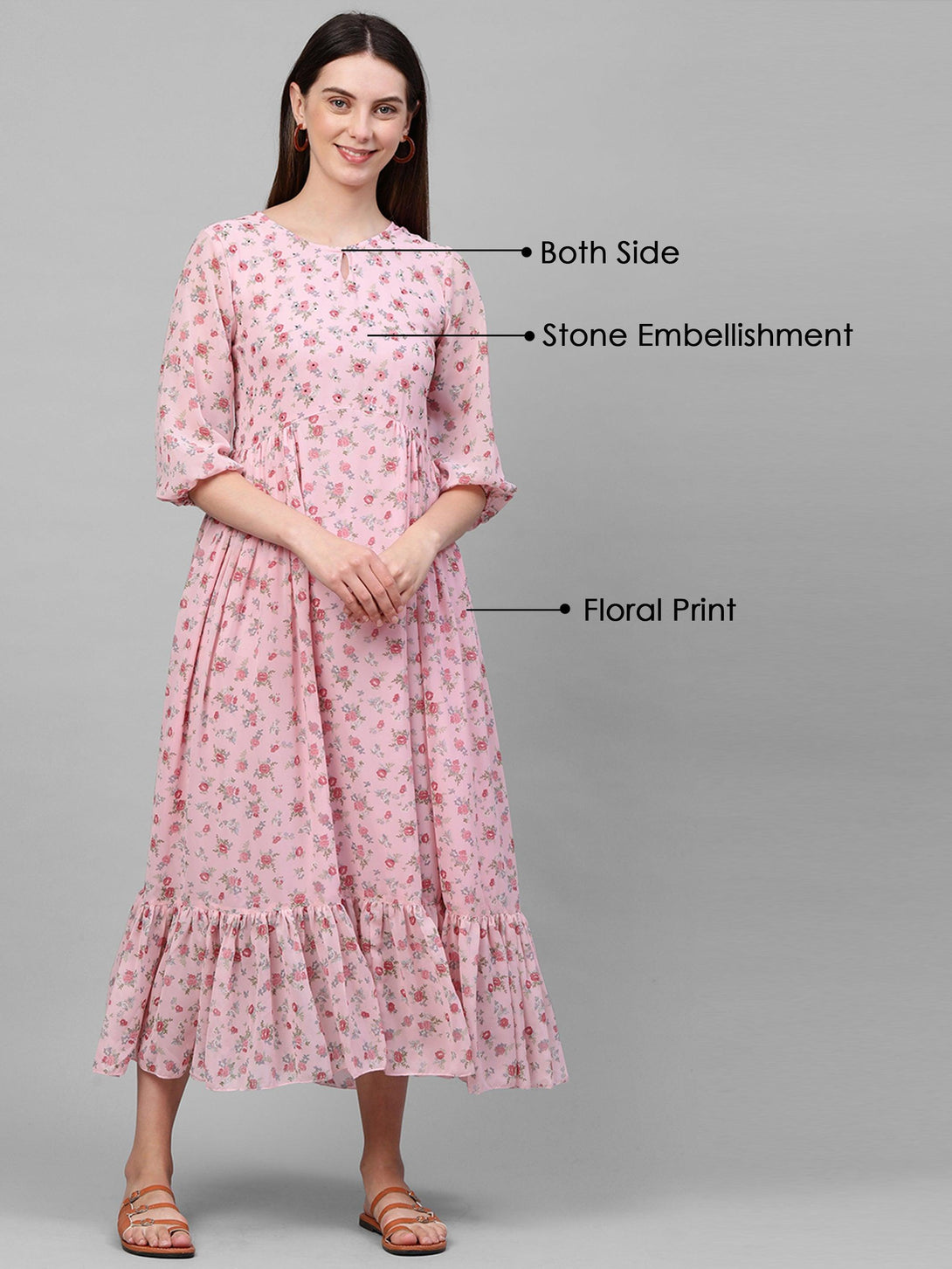 Floral Printed gathered Flounce Flare Maxi Dress - Baby Pink - Indiakreations