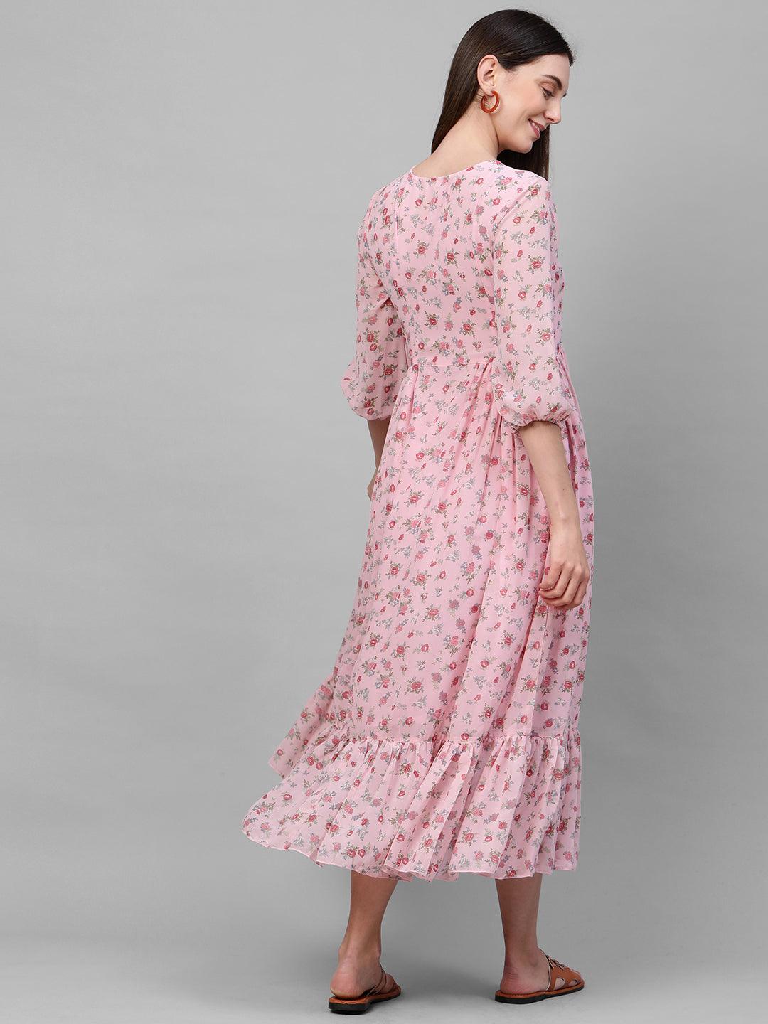 Floral Printed gathered Flounce Flare Maxi Dress - Baby Pink - Indiakreations