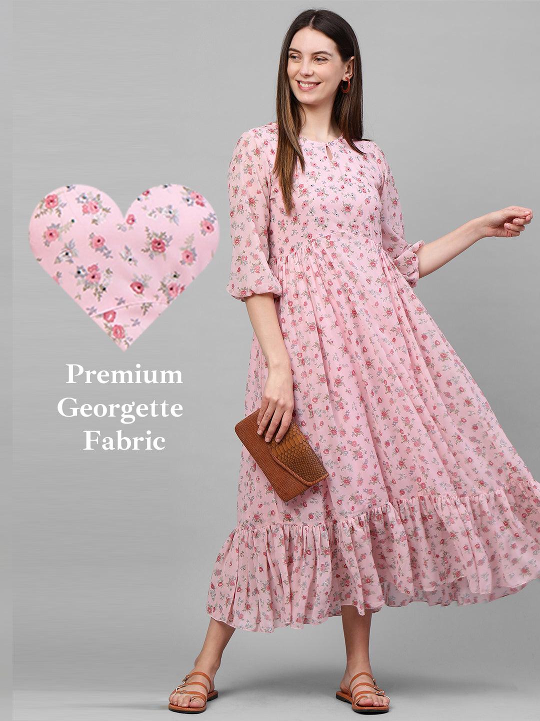 Floral Printed gathered Flounce Flare Maxi Dress - Baby Pink - Indiakreations