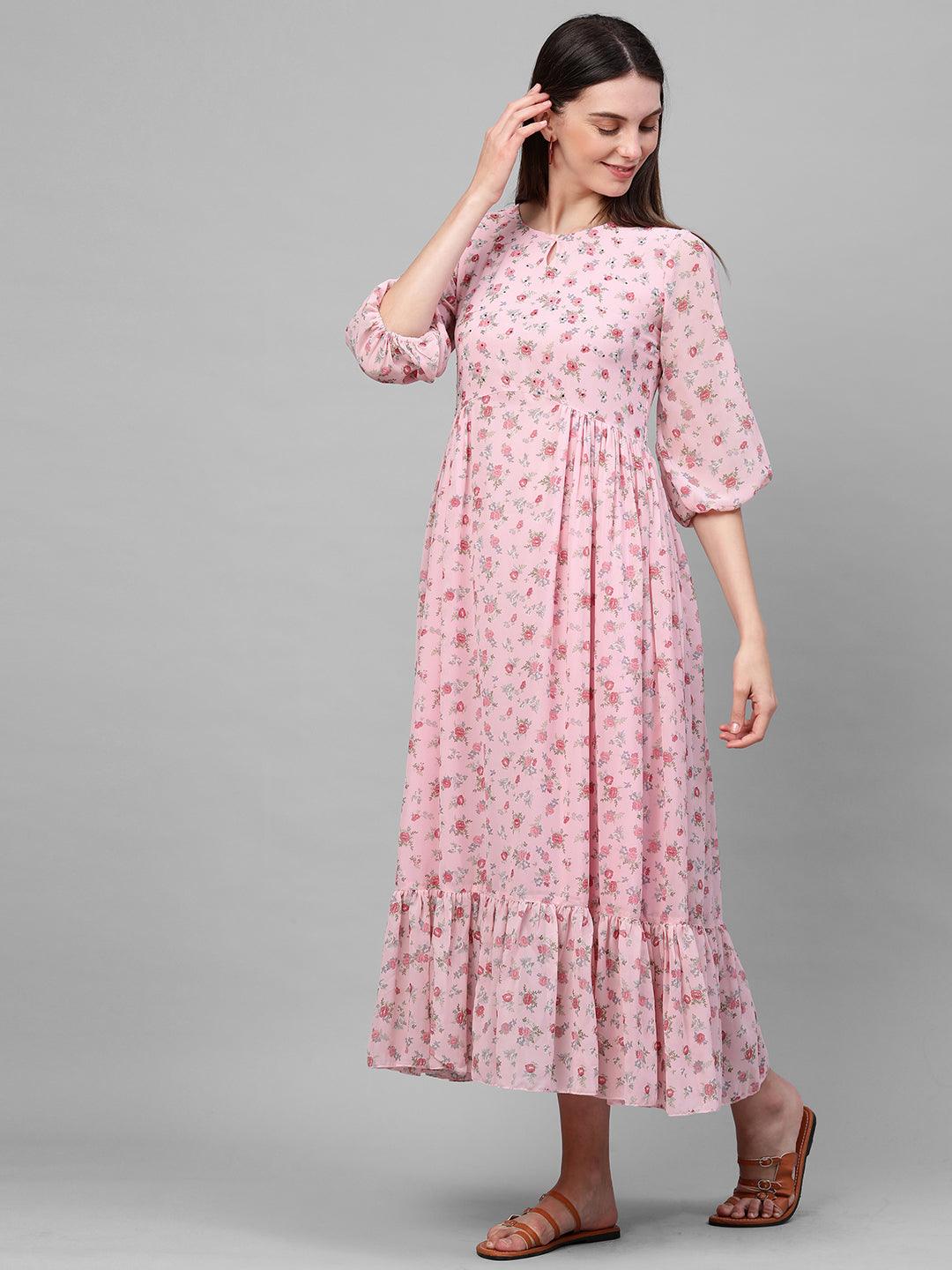 Floral Printed gathered Flounce Flare Maxi Dress - Baby Pink - Indiakreations