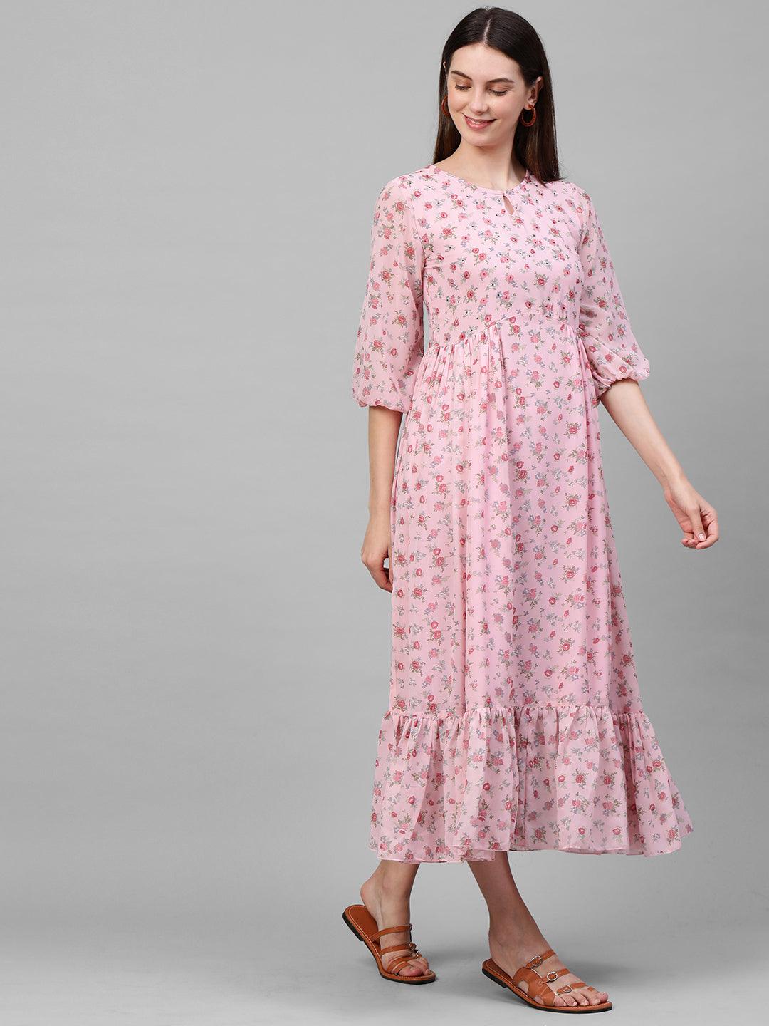 Floral Printed gathered Flounce Flare Maxi Dress - Baby Pink - Indiakreations