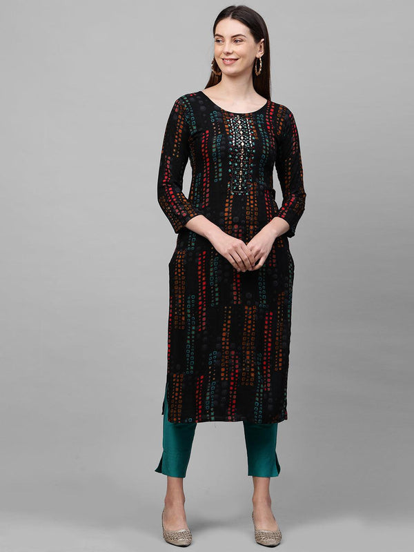 Ethnic Colorful Printed & Mirror Embroidered Straight Kurta – Black - Indiakreations