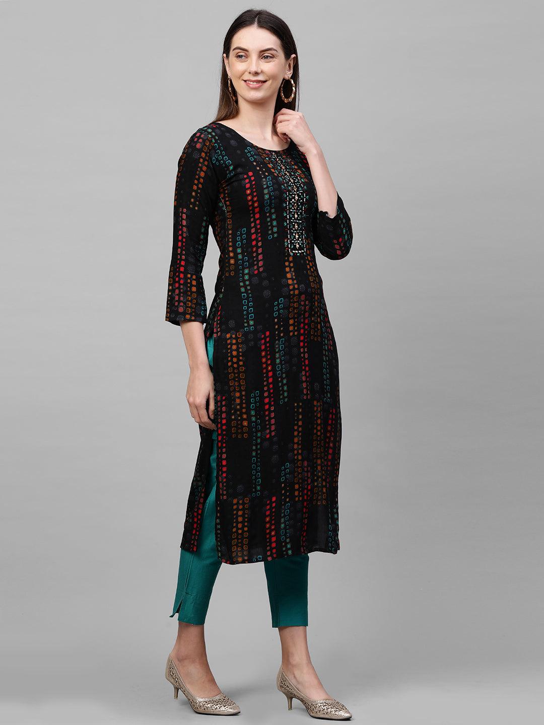 Ethnic Colorful Printed & Mirror Embroidered Straight Kurta – Black - Indiakreations