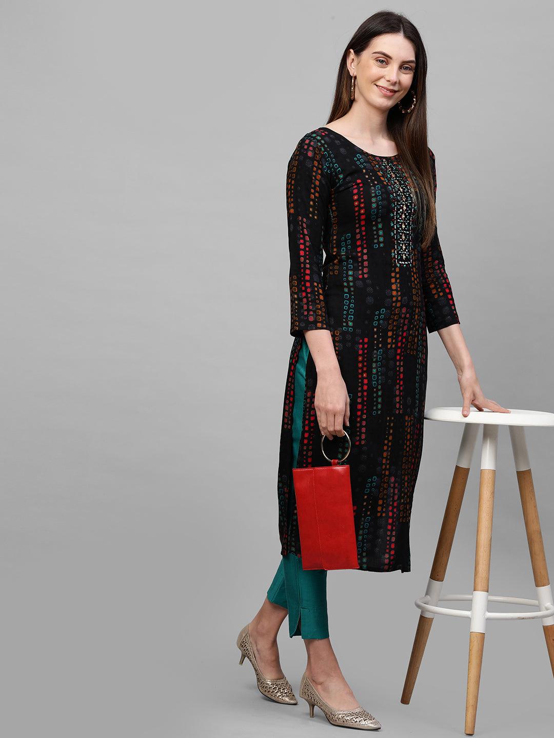 Ethnic Colorful Printed & Mirror Embroidered Straight Kurta – Black - Indiakreations