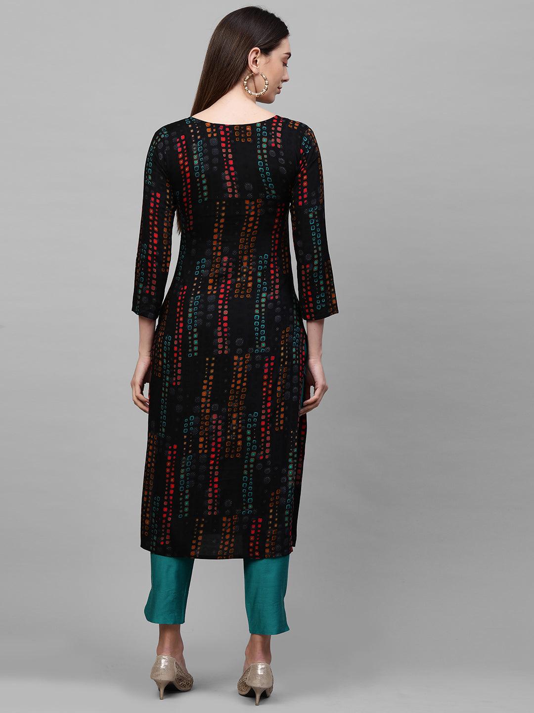 Ethnic Colorful Printed & Mirror Embroidered Straight Kurta – Black - Indiakreations