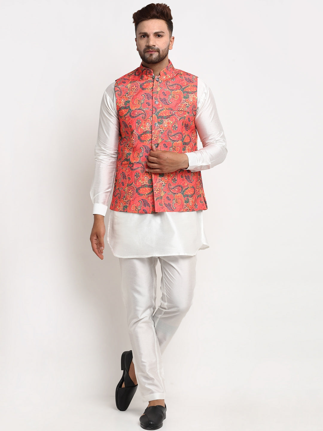 Men's Silk Blend White Kurta With Pyjama & Orange Printed Nehru Jacket - Benstoke