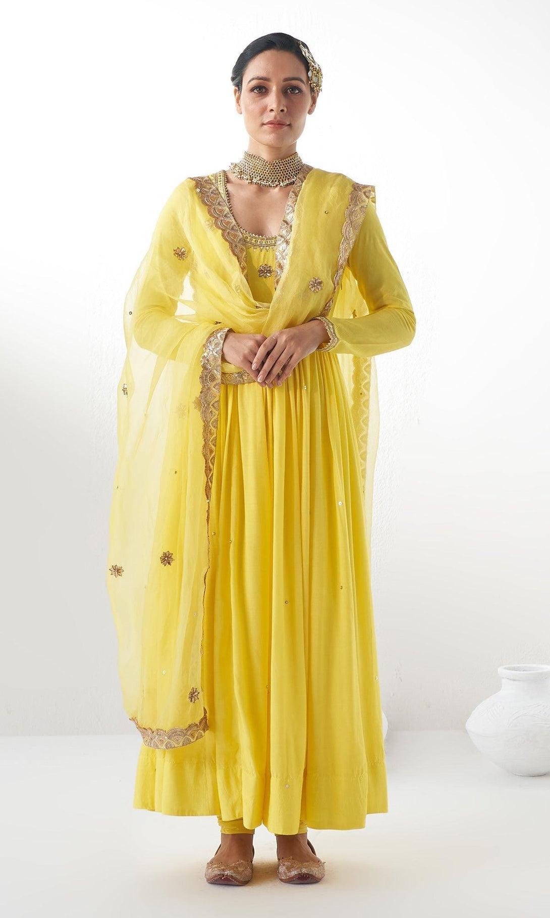 Jahanara Yellow Gota Embroidered Anarkali With Dupatta and Chooridar - Set of 3 - RTS - Indiakreations