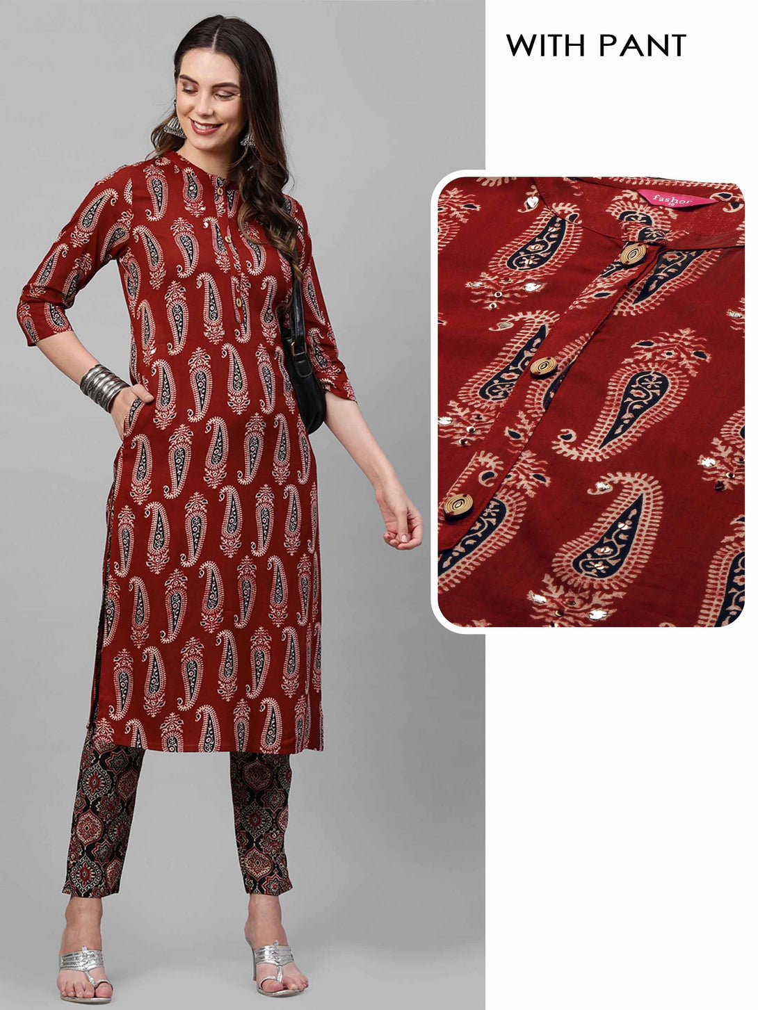 Ethnic Paisley Printed Straight Kurta & Ethnic Printed Pant with 2-Ply Mask – Maroon - Indiakreations