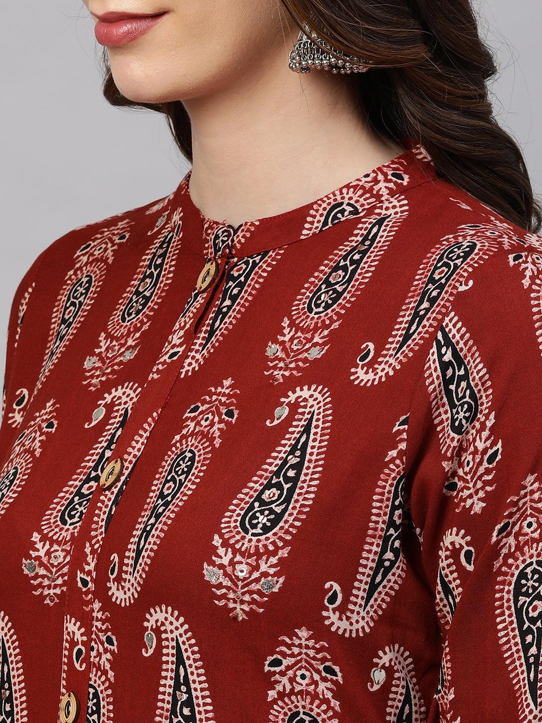 Ethnic Paisley Printed Straight Kurta & Ethnic Printed Pant with 2-Ply Mask – Maroon - Indiakreations