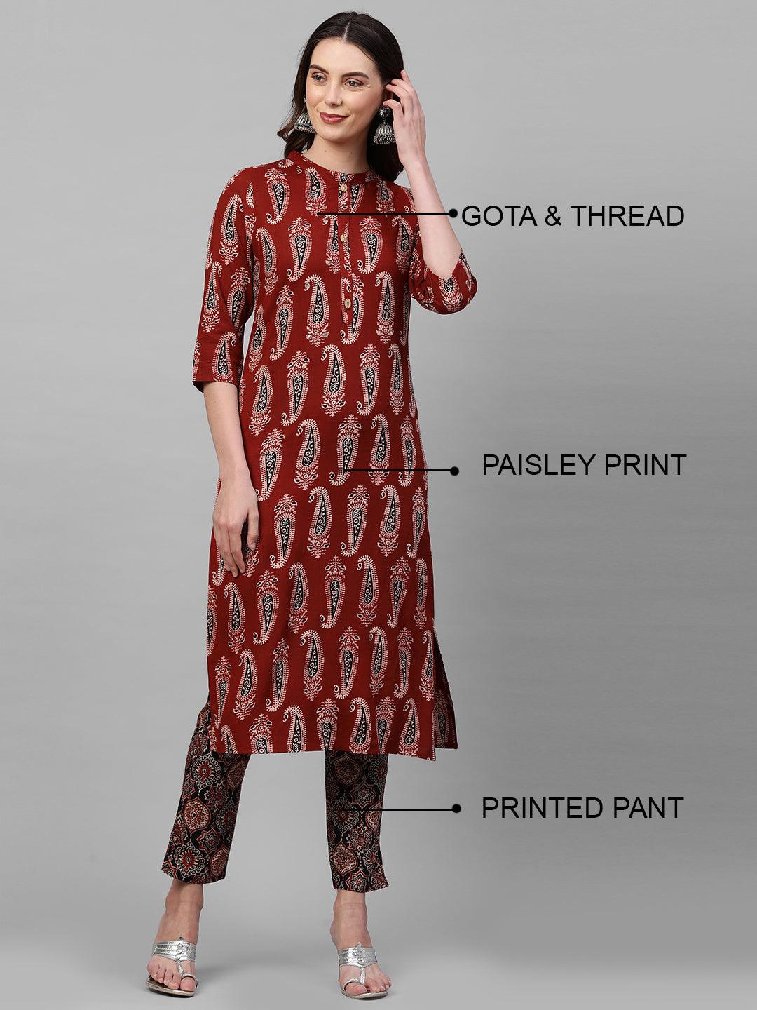 Ethnic Paisley Printed Straight Kurta & Ethnic Printed Pant with 2-Ply Mask – Maroon - Indiakreations