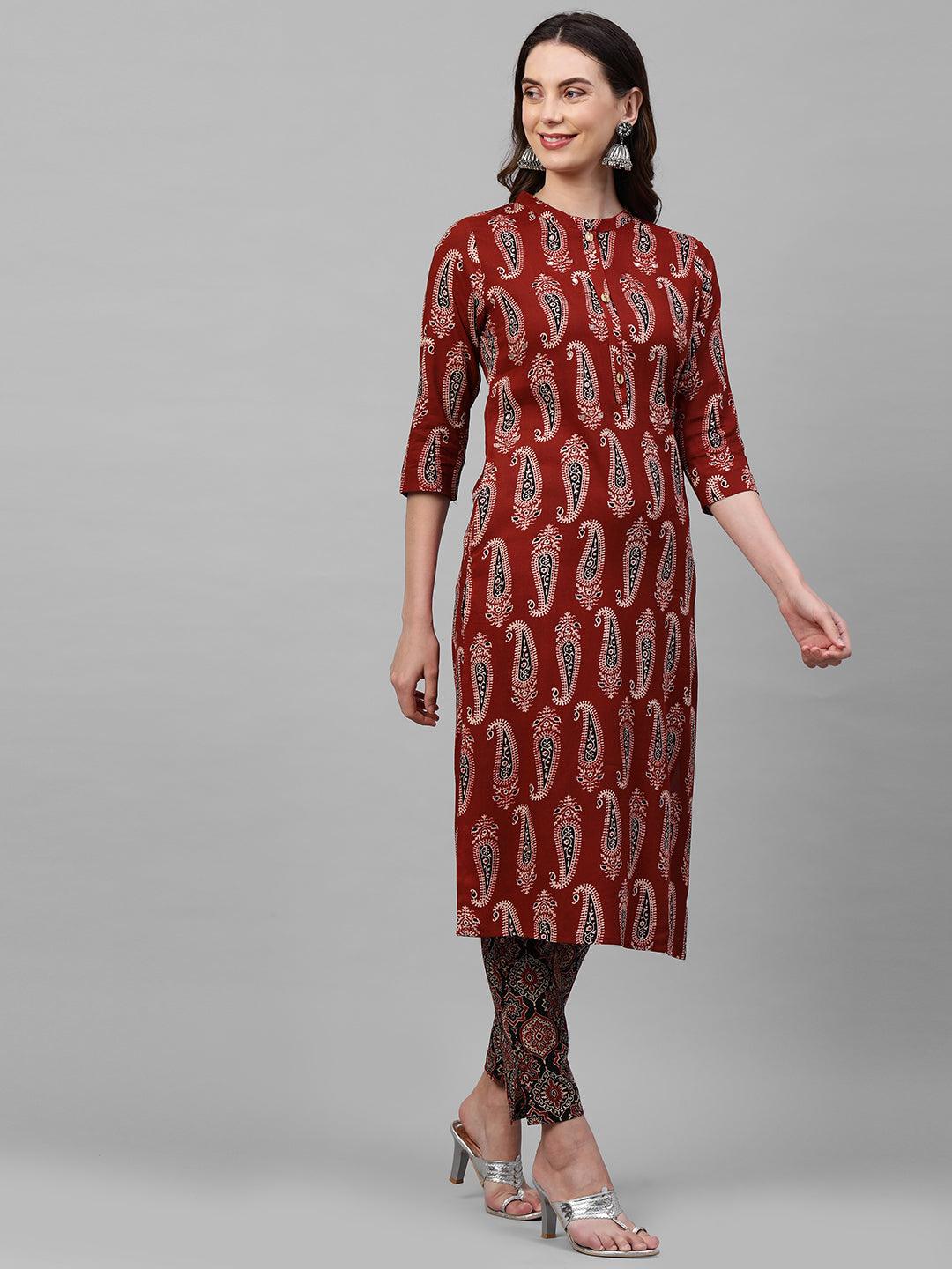 Ethnic Paisley Printed Straight Kurta & Ethnic Printed Pant with 2-Ply Mask – Maroon - Indiakreations