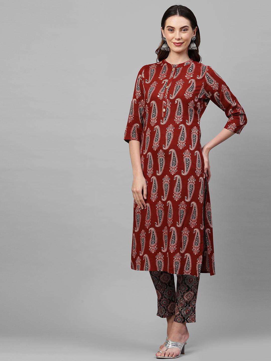 Ethnic Paisley Printed Straight Kurta & Ethnic Printed Pant with 2-Ply Mask – Maroon - Indiakreations