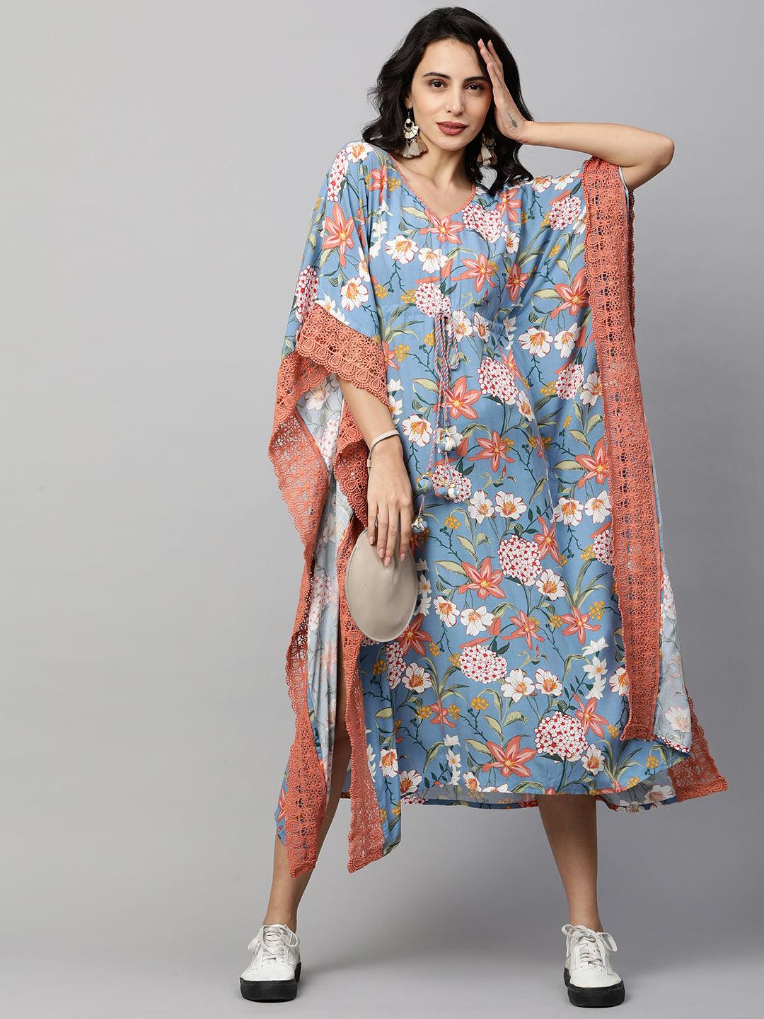 Floral Jaal Printed Kaftan Maxi Dress with 2-Ply mask - Cornflower Blue - Indiakreations