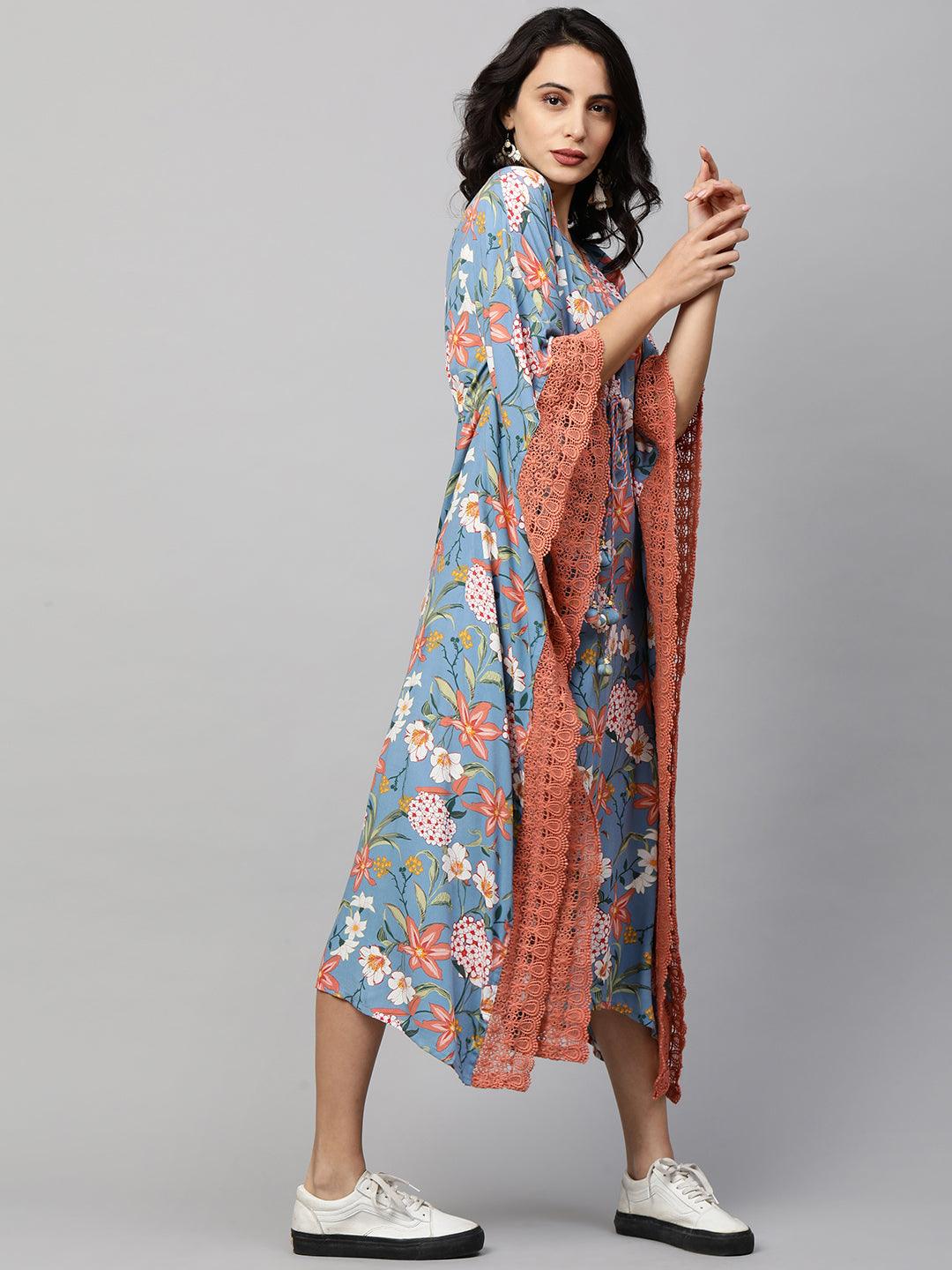 Floral Jaal Printed Kaftan Maxi Dress with 2-Ply mask - Cornflower Blue - Indiakreations