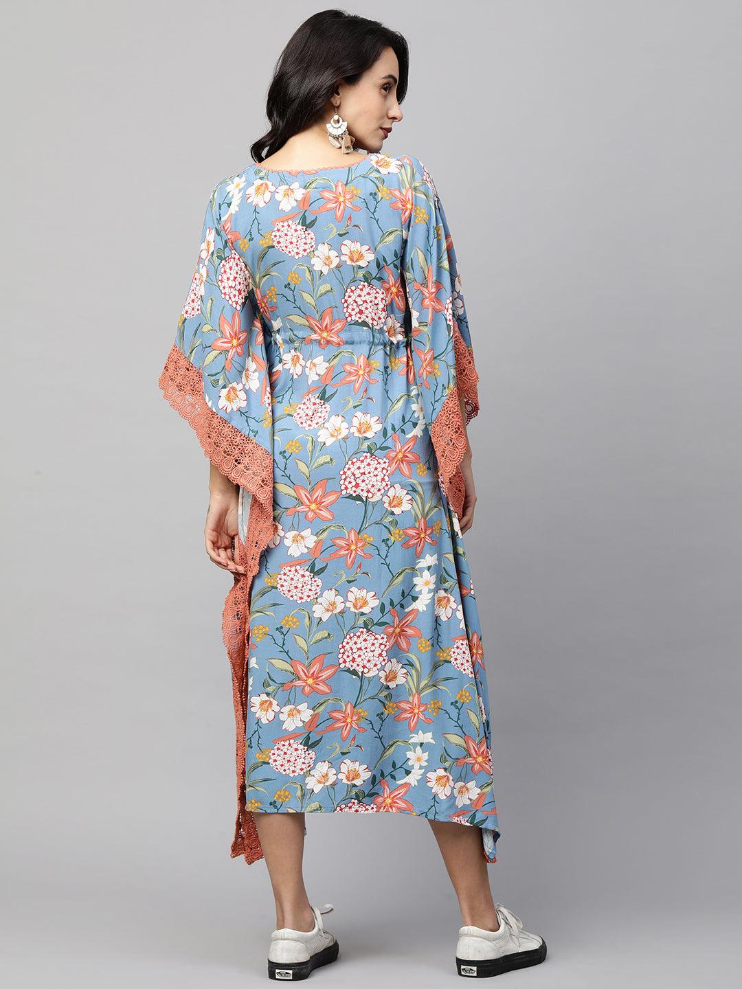 Floral Jaal Printed Kaftan Maxi Dress with 2-Ply mask - Cornflower Blue - Indiakreations