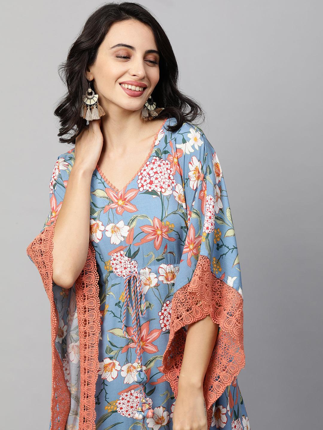 Floral Jaal Printed Kaftan Maxi Dress with 2-Ply mask - Cornflower Blue - Indiakreations