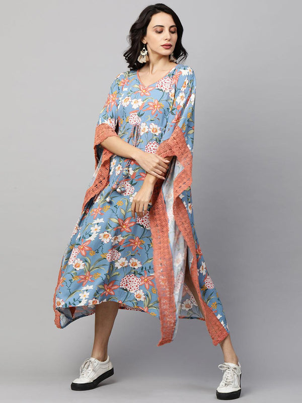 Floral Jaal Printed Kaftan Maxi Dress with 2-Ply mask - Cornflower Blue - Indiakreations