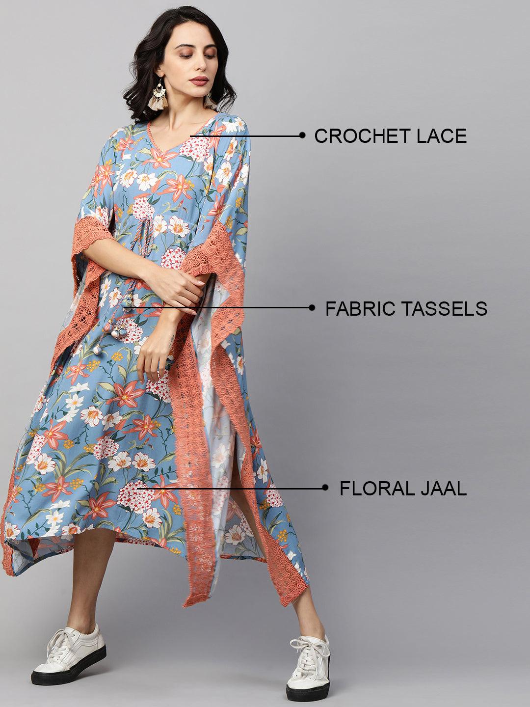 Floral Jaal Printed Kaftan Maxi Dress with 2-Ply mask - Cornflower Blue - Indiakreations