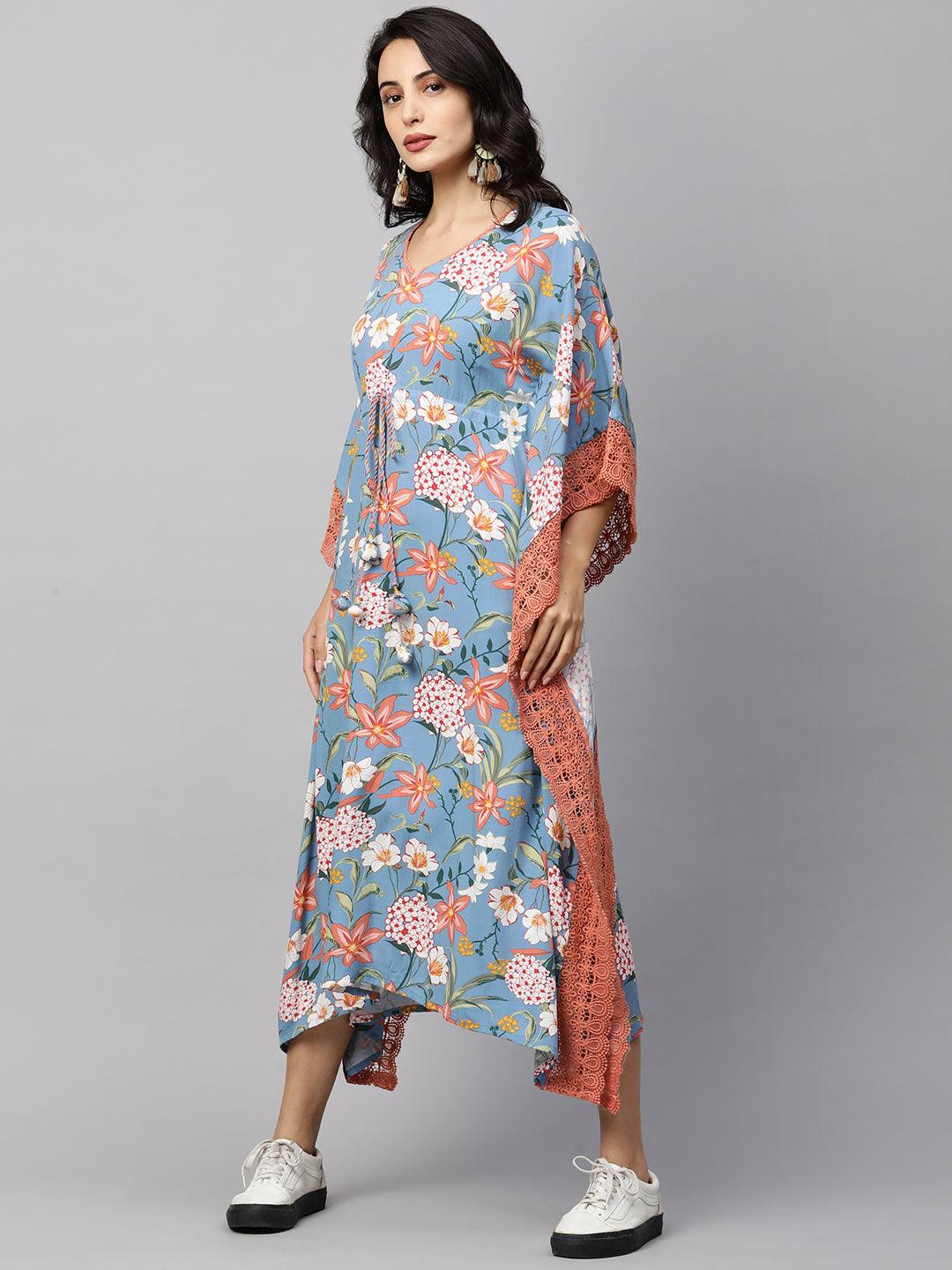 Floral Jaal Printed Kaftan Maxi Dress with 2-Ply mask - Cornflower Blue - Indiakreations