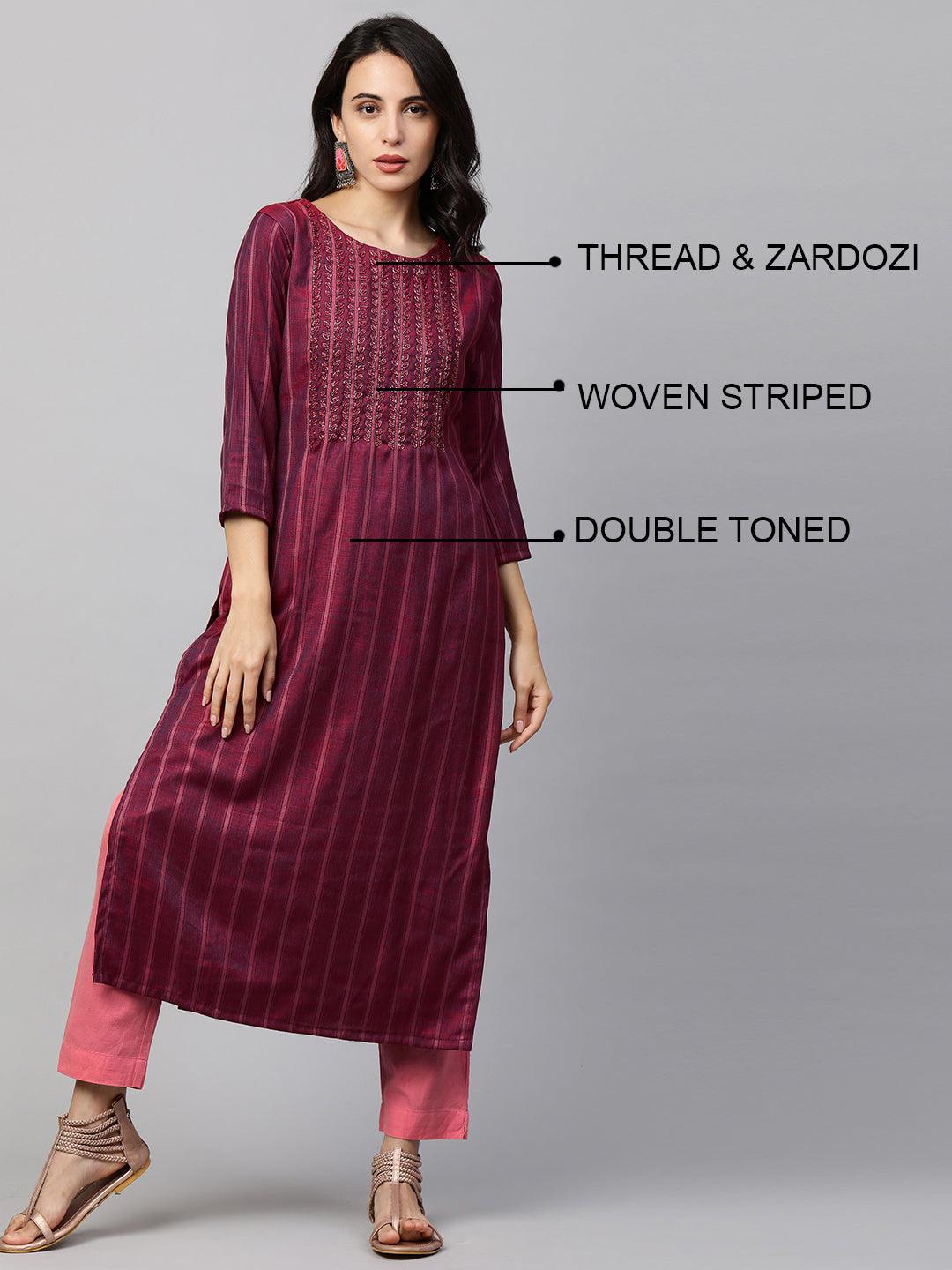 Woven Striped & Hand Embroidered Straight Kurta - Burgundy - Indiakreations