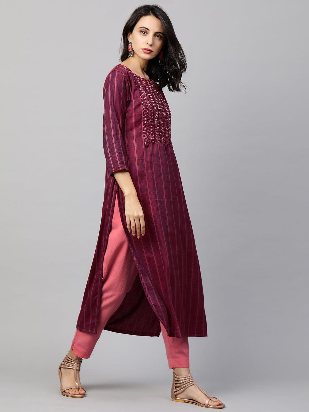 Woven Striped & Hand Embroidered Straight Kurta - Burgundy - Indiakreations