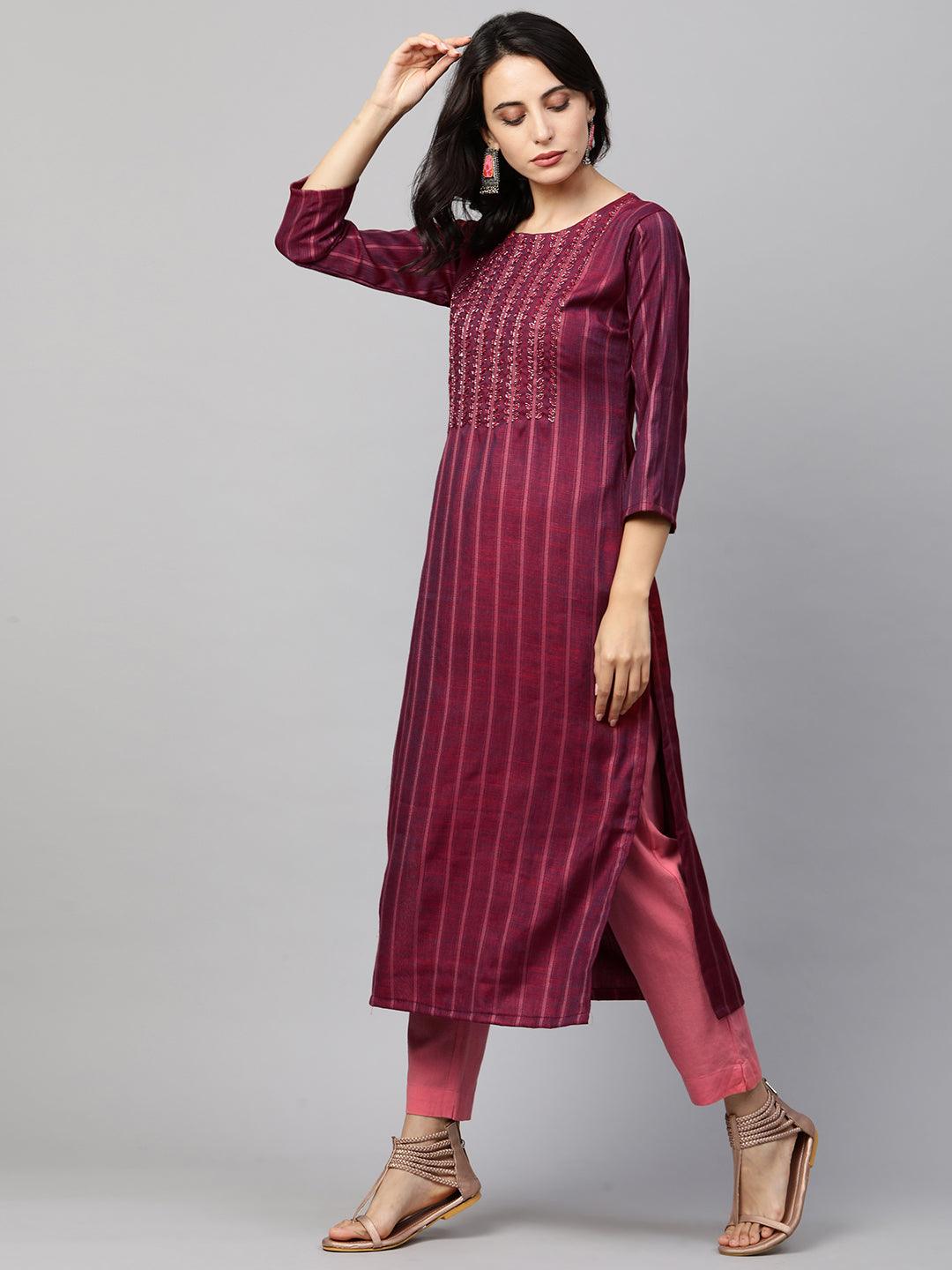 Woven Striped & Hand Embroidered Straight Kurta - Burgundy - Indiakreations