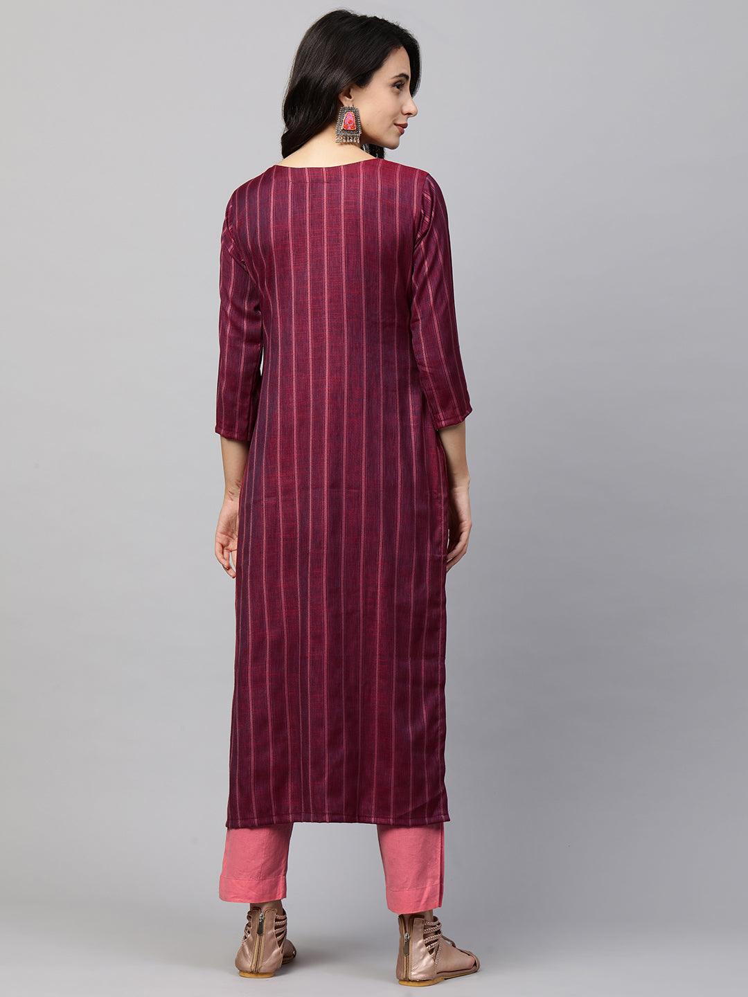 Woven Striped & Hand Embroidered Straight Kurta - Burgundy - Indiakreations