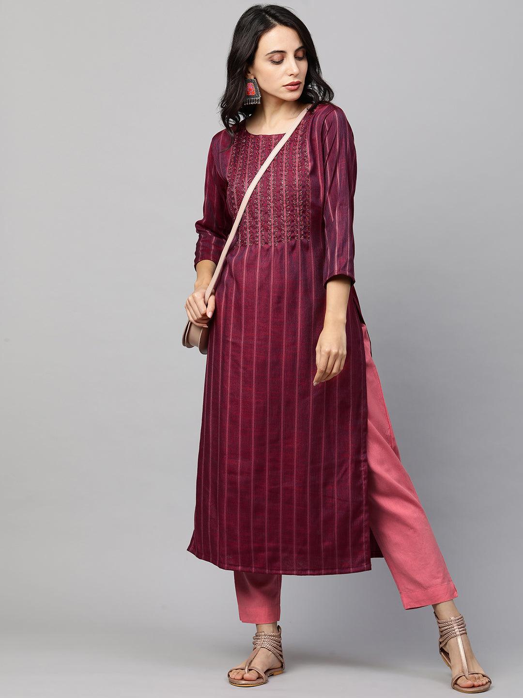 Woven Striped & Hand Embroidered Straight Kurta - Burgundy - Indiakreations