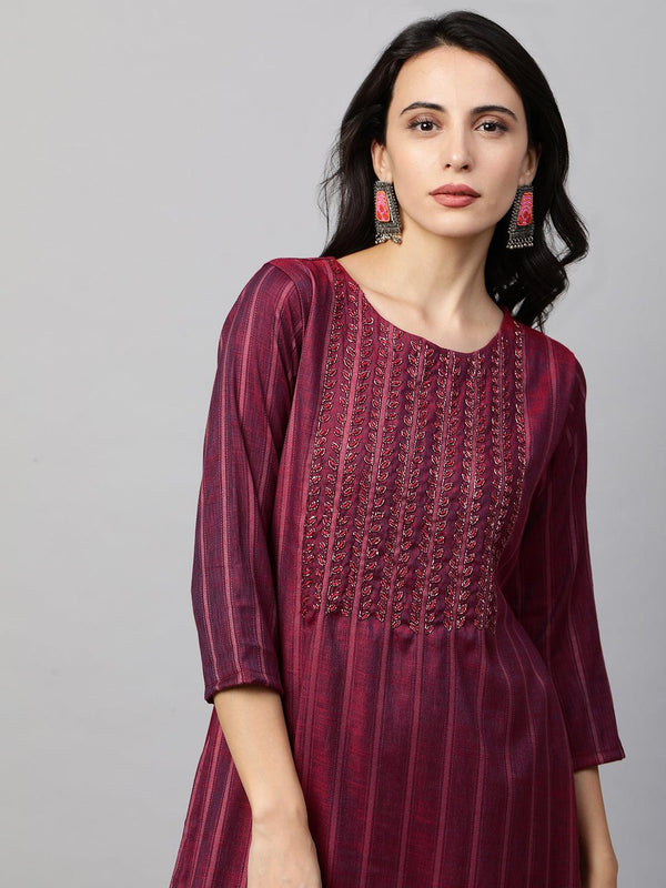 Woven Striped & Hand Embroidered Straight Kurta - Burgundy - Indiakreations