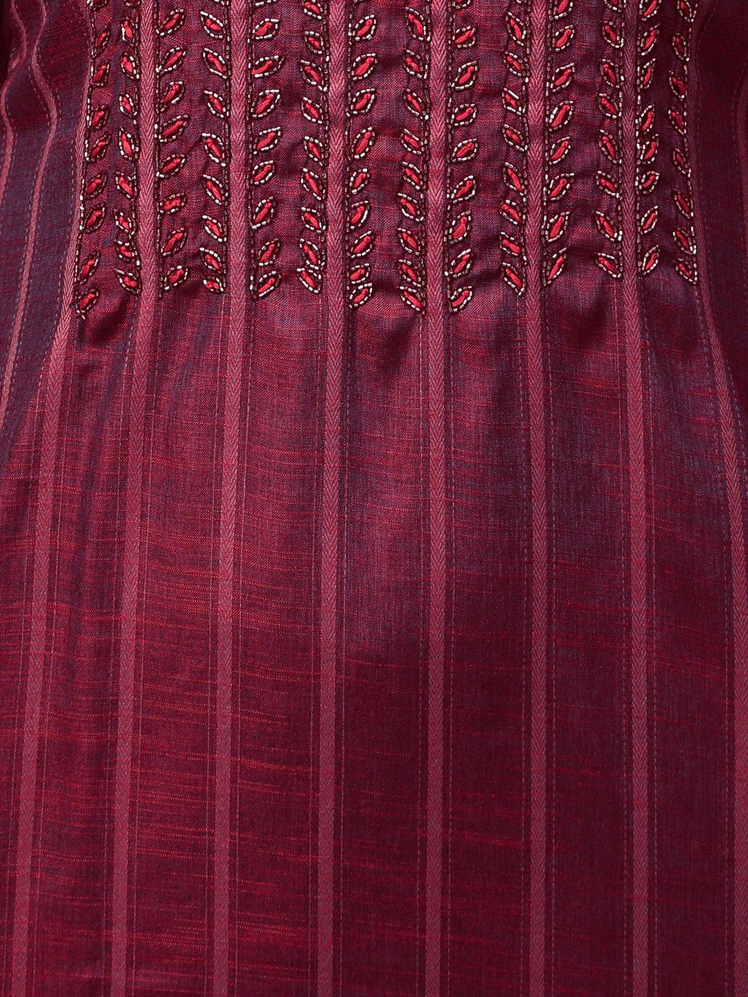 Woven Striped & Hand Embroidered Straight Kurta - Burgundy - Indiakreations