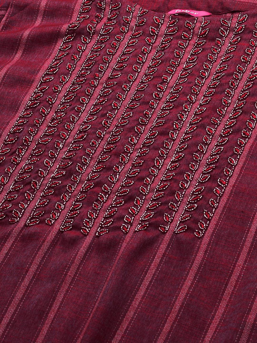 Woven Striped & Hand Embroidered Straight Kurta - Burgundy - Indiakreations