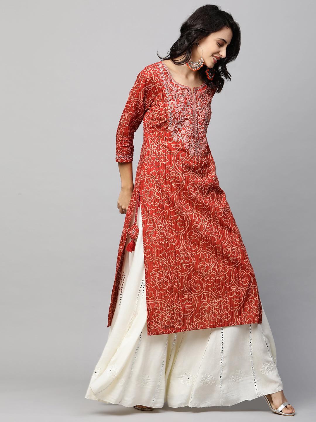 Bandhani Printed & Floral Embroidered Straight Kurta - Red - Indiakreations