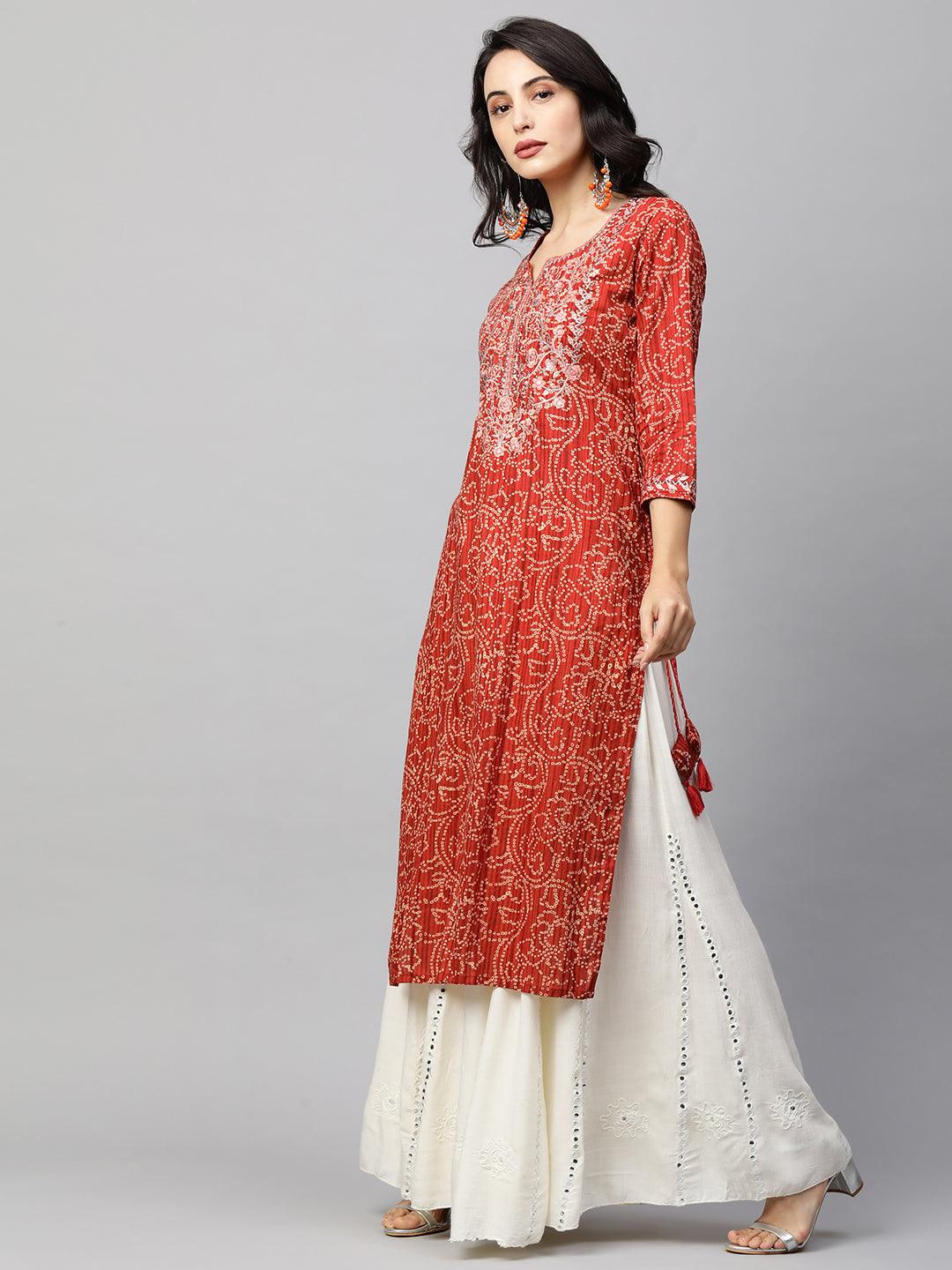 Bandhani Printed & Floral Embroidered Straight Kurta - Red - Indiakreations