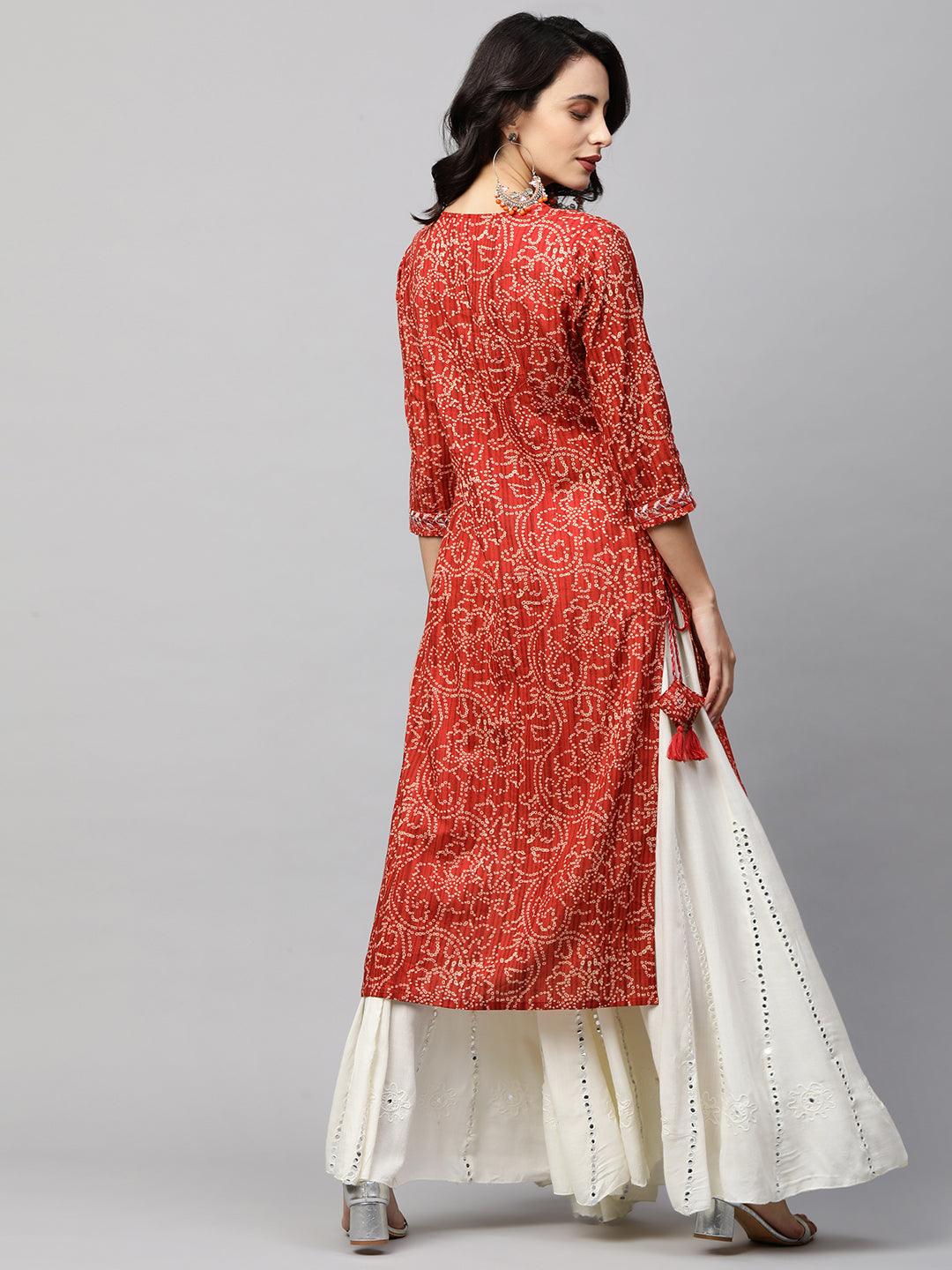 Bandhani Printed & Floral Embroidered Straight Kurta - Red - Indiakreations