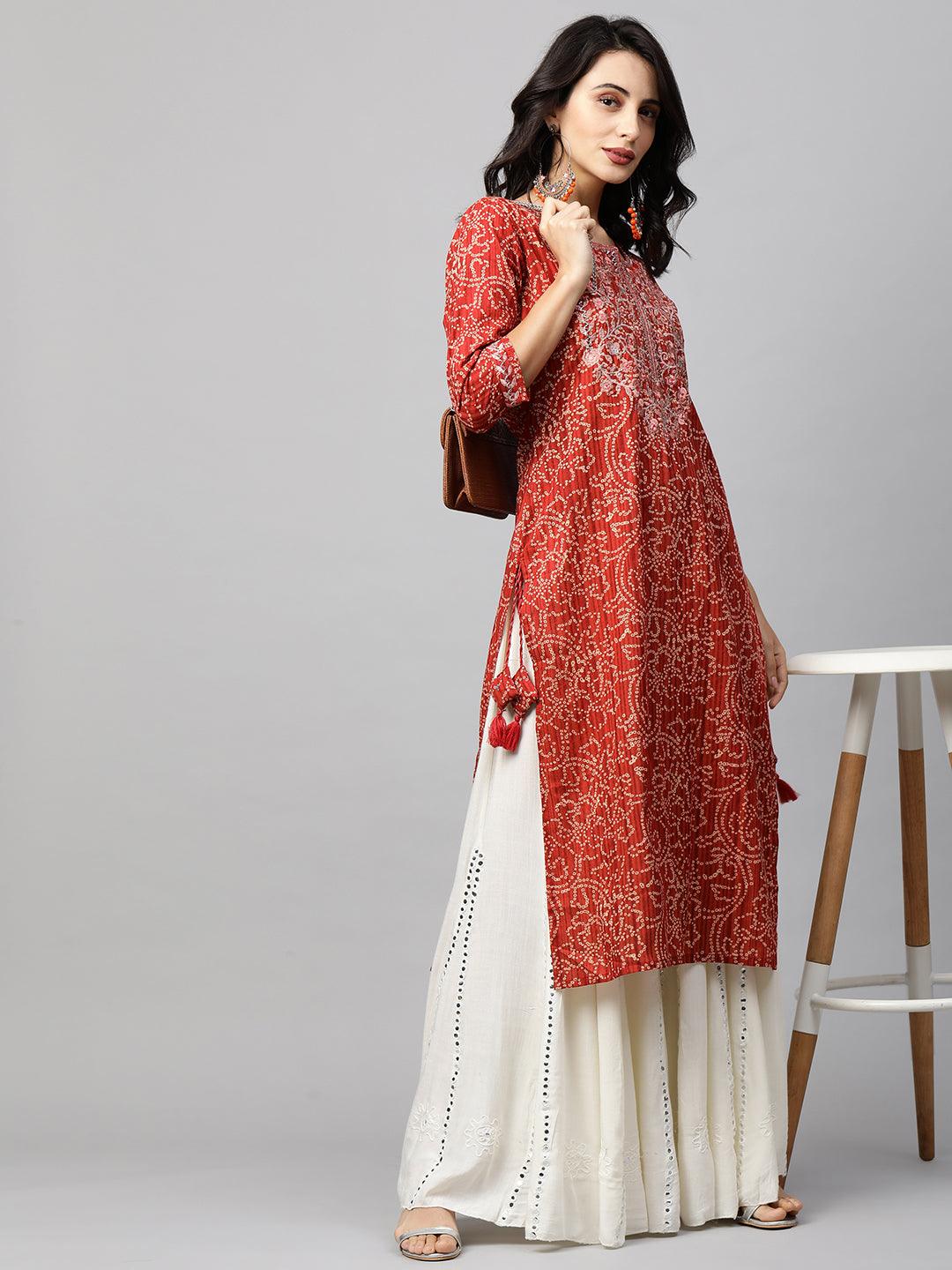 Bandhani Printed & Floral Embroidered Straight Kurta - Red - Indiakreations