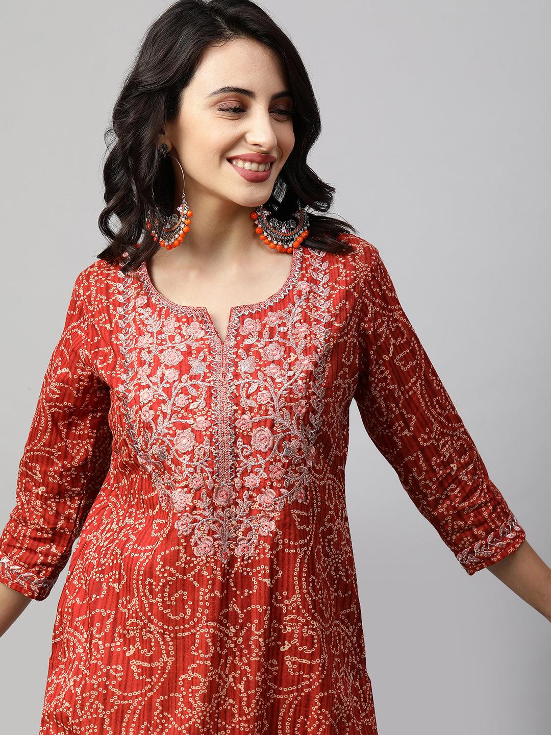 Bandhani Printed & Floral Embroidered Straight Kurta - Red - Indiakreations