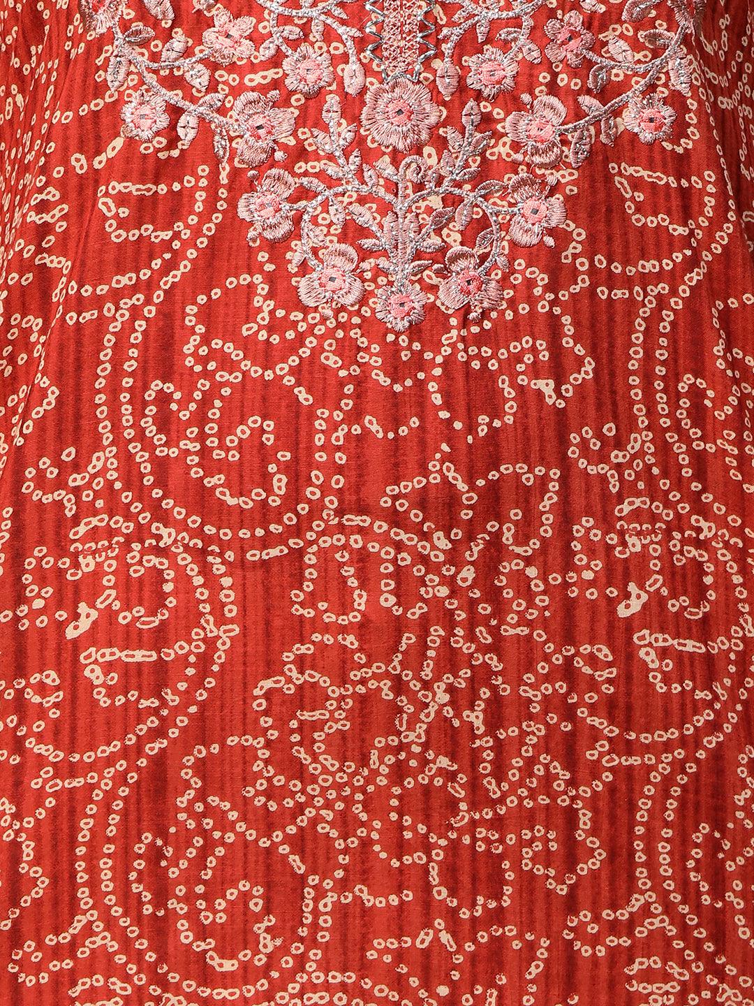 Bandhani Printed & Floral Embroidered Straight Kurta - Red - Indiakreations