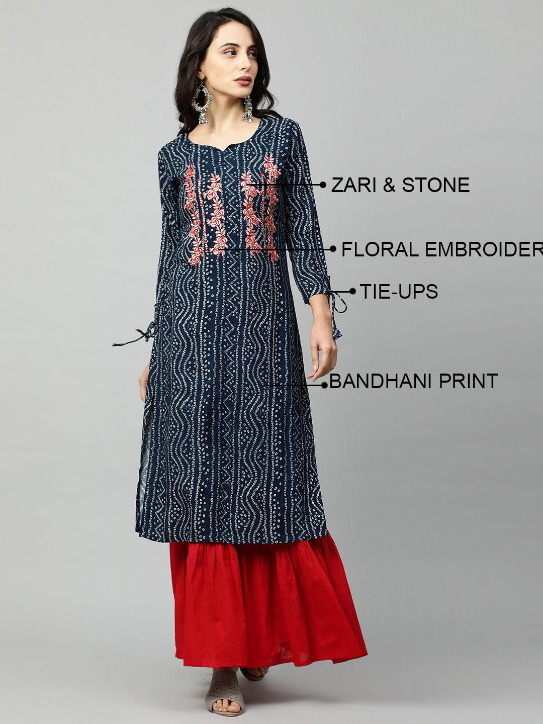 Bandhani Printed & Floral Embroidered Straight Kurta - Navy Blue - Indiakreations