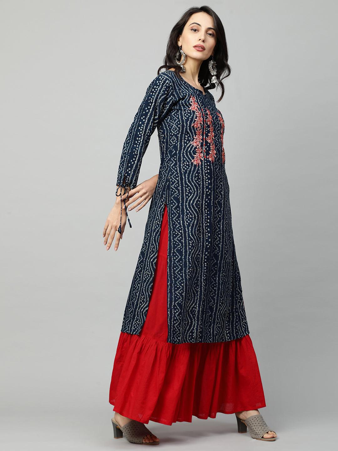 Bandhani Printed & Floral Embroidered Straight Kurta - Navy Blue - Indiakreations