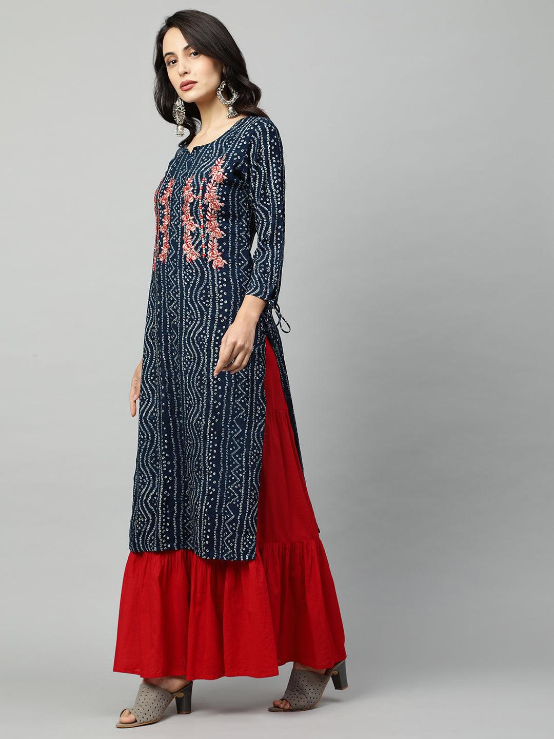 Bandhani Printed & Floral Embroidered Straight Kurta - Navy Blue - Indiakreations