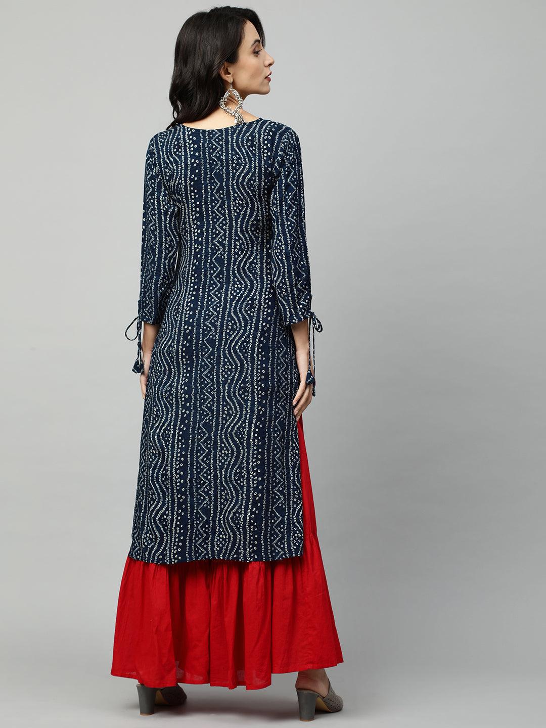 Bandhani Printed & Floral Embroidered Straight Kurta - Navy Blue - Indiakreations