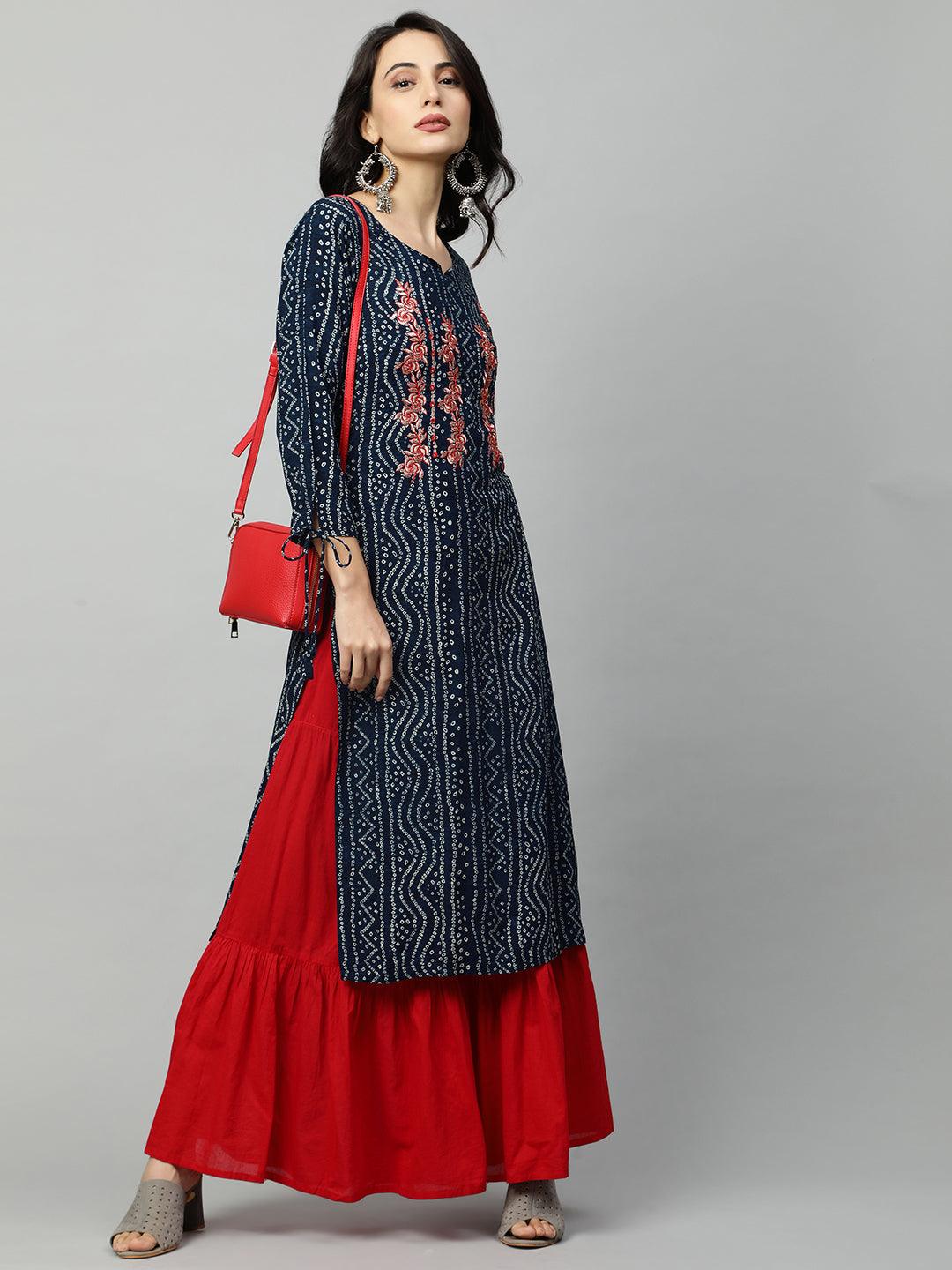 Bandhani Printed & Floral Embroidered Straight Kurta - Navy Blue - Indiakreations