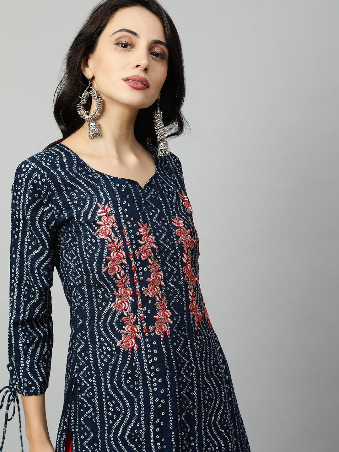 Bandhani Printed & Floral Embroidered Straight Kurta - Navy Blue - Indiakreations