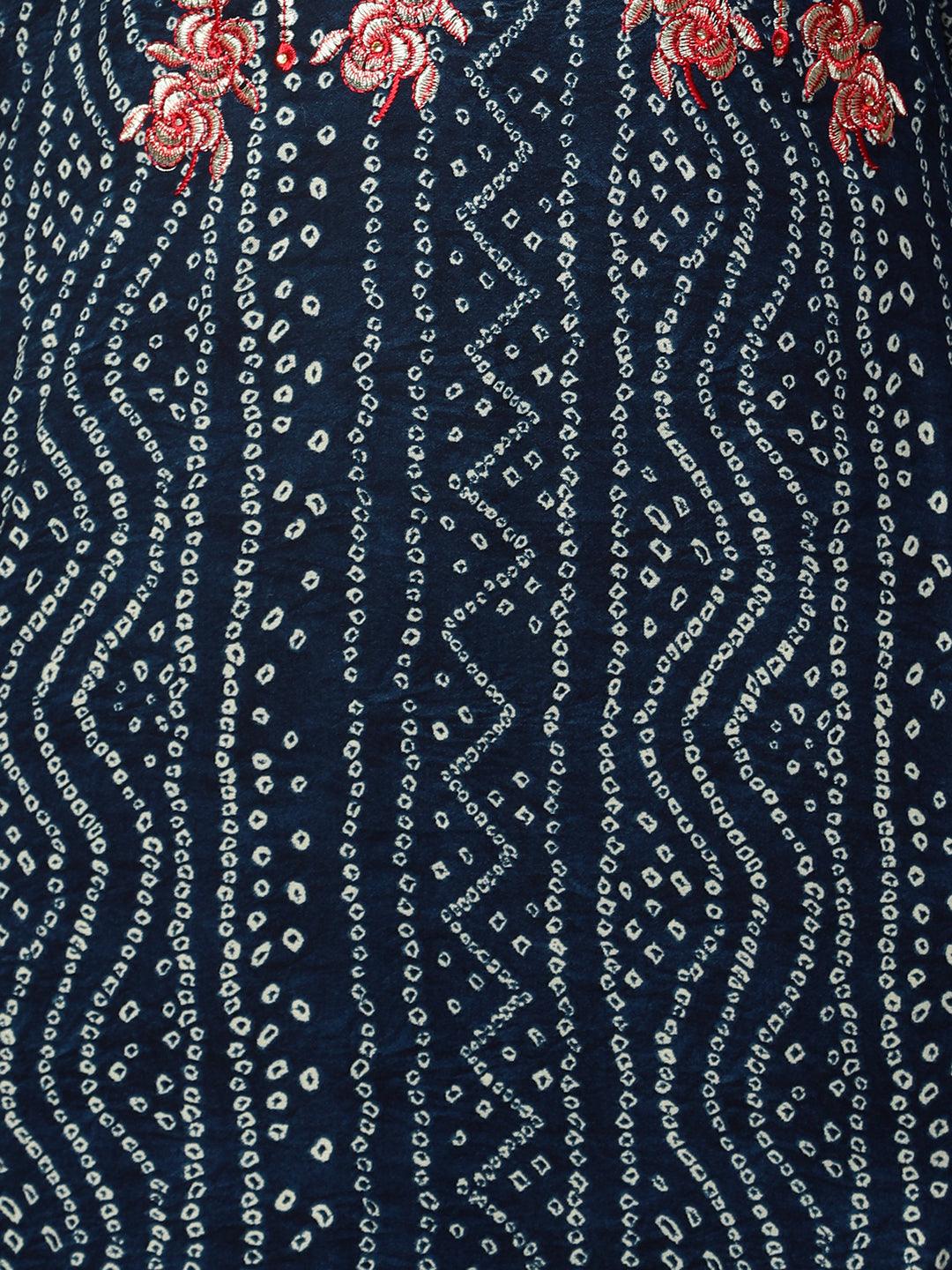 Bandhani Printed & Floral Embroidered Straight Kurta - Navy Blue - Indiakreations