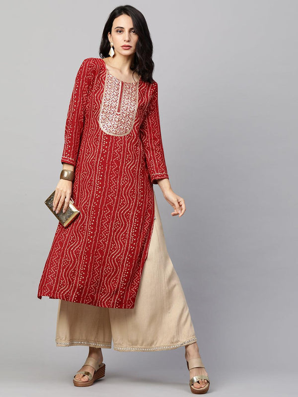 Bandhani Printed & Sequin Embroidered Straight Kurta - Red - Indiakreations